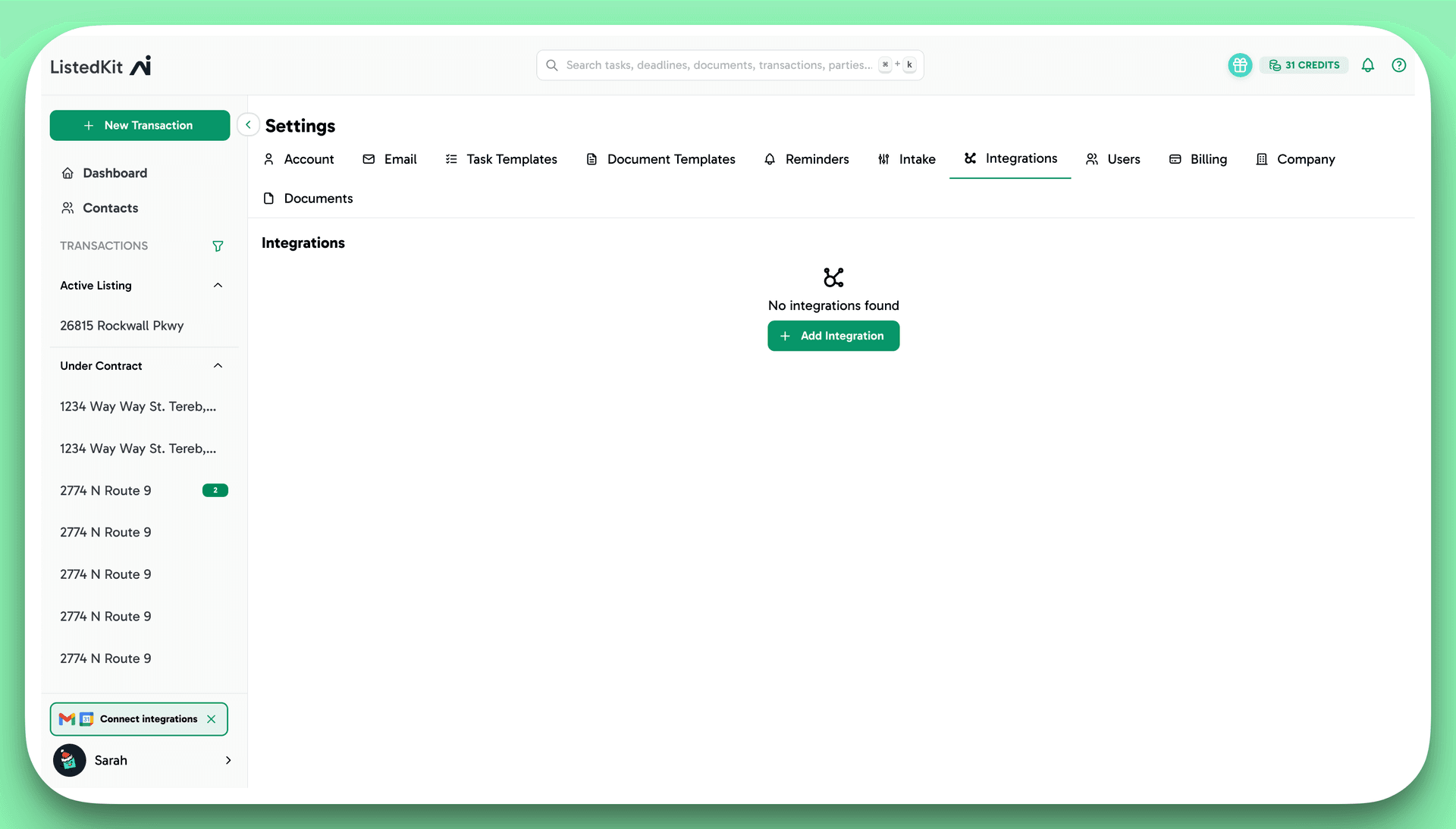 ListedKit Settings - Integrations page showing Google Calendar and Gmail connections