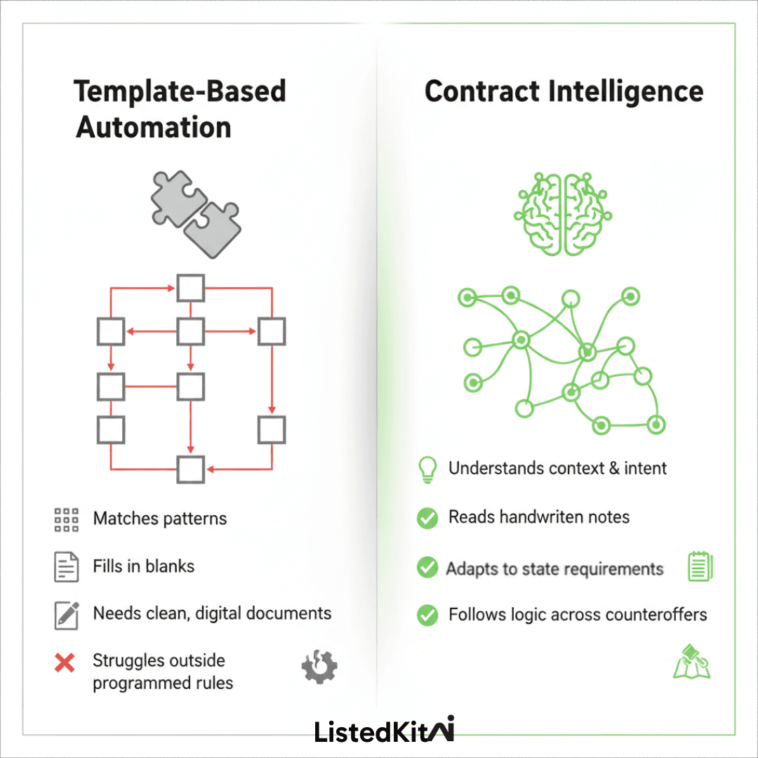 Visual comparison: Template-based automation vs contract intelligence showing key differences in capabilities