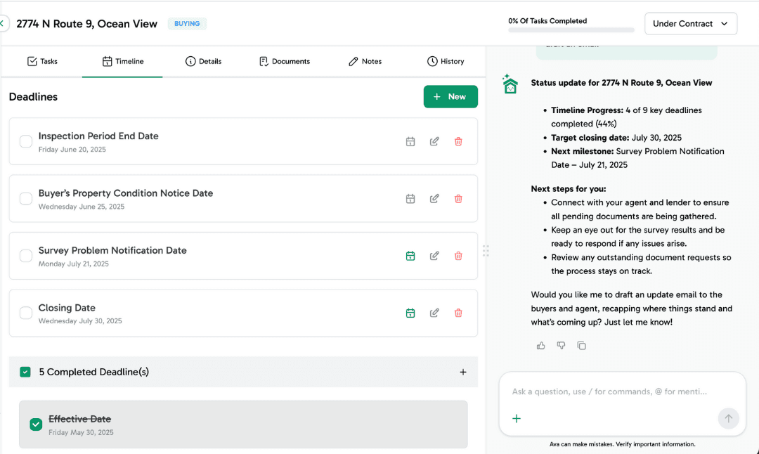 ListedKit AI Timeline showing real-time transaction control